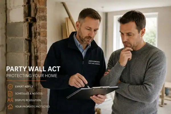 Party wall surveyor Wimborne Minster discussing extension plans with homeowner outside a UK semi-detached house.